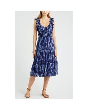 Treasure & Bond Print Ruffle Trim Tiered Midi Dress - Blue