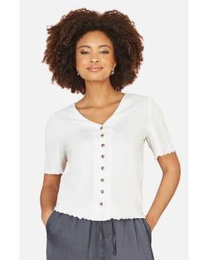 Yumi' Cotton Button Detail T-Shirt - White