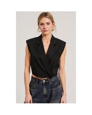 Modenaire Sleeveless Cropped Raw-Edge Notched-Collar Blazer Vest - Black
