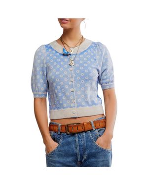 Free People Isla Puff Sleeve Crop Wool & Cashmere Blend Cardigan - Blue