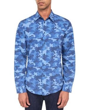 Brooklyn Brigade Slim Fit Denim Camo 4-Way Stretch Performance Long Sleeve Shirt - Blue