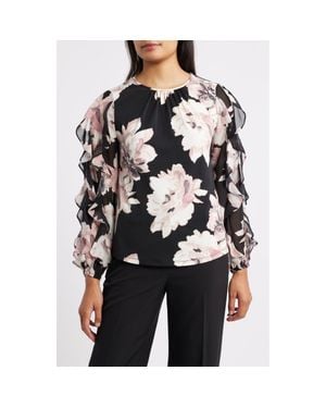 Anne Klein Ruffle Sleeve Floral Print Shirt - Black