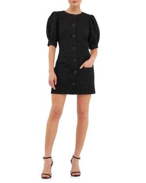 Endless Rose Puff Sleeve Tweed Button-Up Minidress - Black