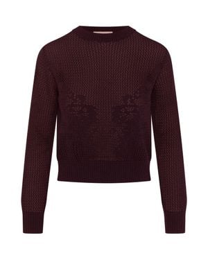 Club Malibu Crochet Design Cropped Ribbed Trim Sweater - Purple