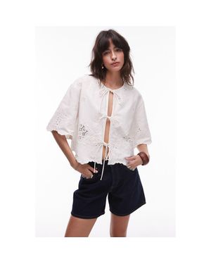 TOPSHOP Cutwork Embroidered Eyelet Tie Front Cotton Shirt - White