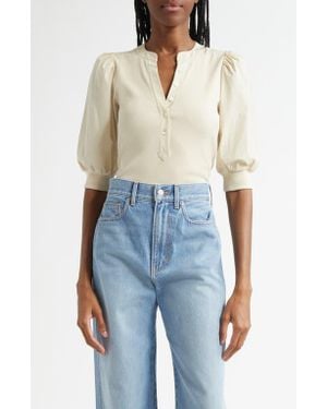 Veronica Beard Coralee Puff Shoulder Rib & Stretch Poplin Top - Blue