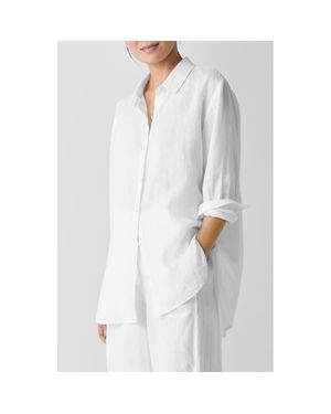 Eileen Fisher Classic Collar Organic Linen Long Button-Up Shirt - White