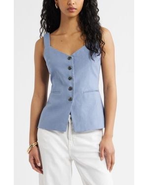 Open Edit Button Front Linen Blend Tank - Blue