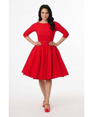 Unique Vintage Three Quarter Sleeve Belted Devon Swing Dress - Red