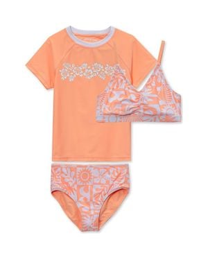 Lands' End Girls Chlorine Resistant Short Sleeve Rash Guard 3 Piece Swimsuit Set - Orange