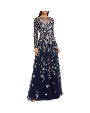 Mac Duggal Long Sleeve Mesh Gown With Floral Detail - Blue
