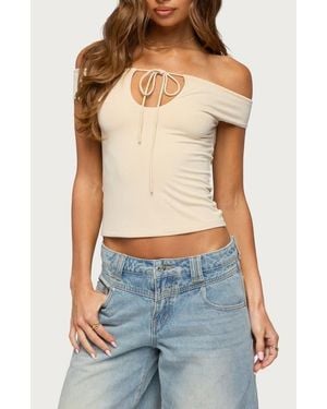 Edikted Katie Off The Shoulder Keyhole Tie Top - Blue