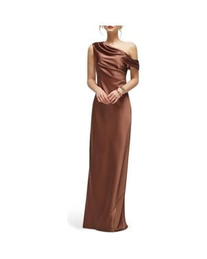 After Six Draped One-Shoulder Satin Charmeuse Gown - Brown