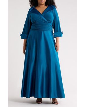 Jessica Howard Rhinestone Button Cuff Sleeve Mixed Media Gown - Blue
