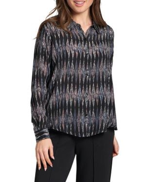 Apny Abstract Print Roll Tab Sleeve Chiffon Button-Up Shirt - Black