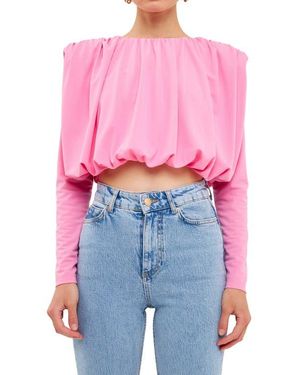 Grey Lab Shoulder Pad Pleat Crop Blouse - Blue