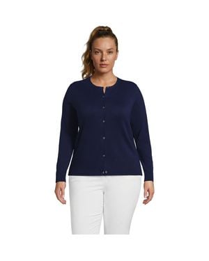 Lands' End Plus Size Fine Gauge Cotton Crew Cardigan Sweater - Blue