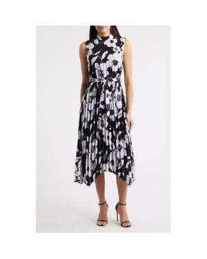 Tahari Floral Handkerchief Hem Pleated Midi Dress - Black