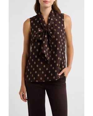 Anne Klein Medallion Print Sleeveless Crepe Bow Top - Black