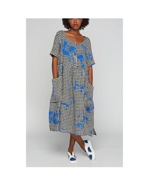 Luukaa Zane Checkered Gauze Linen Dress - Blue
