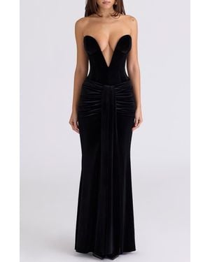 House Of Cb Vienne Deep Plunge Neck Velvet Gown - Black