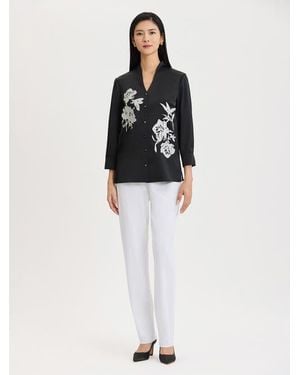 Misook Embroidered Crepe De Chine Blouse - Black