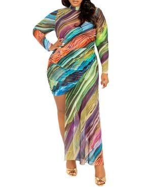 Buxom Couture Print Asymmetric Long Sleeve Mesh Midi Dress - Multicolor