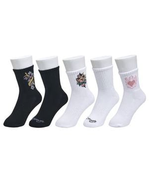 Ed Hardy Flowery Cross Print Half Cushion Mid Crew Sock 5 Pack - White