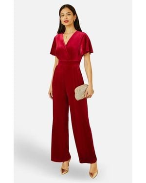 Yumi' Angel Sleeve Velvet Jumpsuit - Red