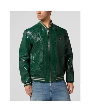 Philipp Plein Leather Bomber Jacket Cocco - Green