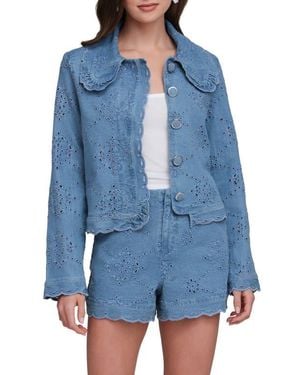 Avec Les Filles Crop Stretch Cotton Eyelet Jacket - Blue