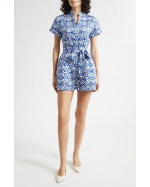 Alice + Olivia Lucy Baroque Print Belted Stretch Cotton Romper - Blue