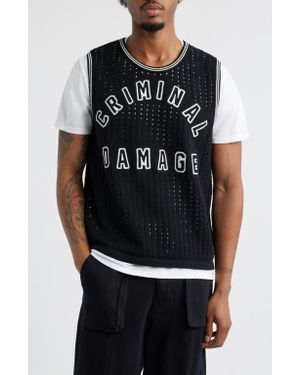 Criminal Damage Varsity Open Knit Tank - Black