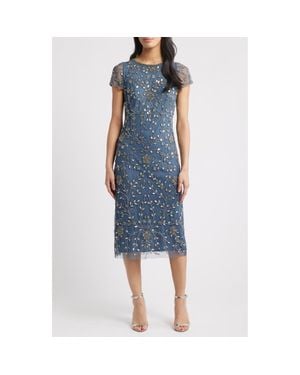 Pisarro Nights Beaded Mesh Cocktail Dress - Blue