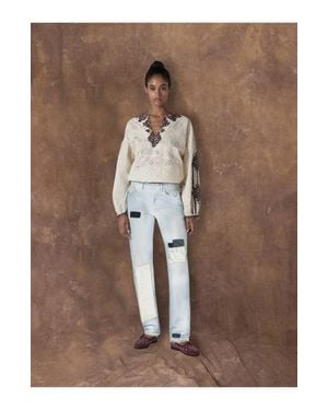 Fortela Patchwork Five Pocket Denim Pants - Brown