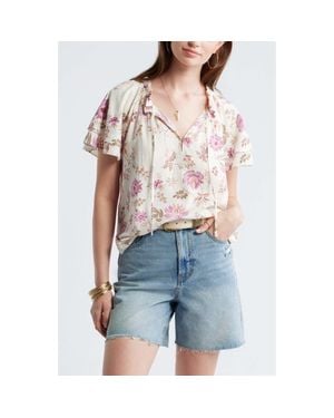 Treasure & Bond Shirred Botanical Print Linen Blend Top - Blue