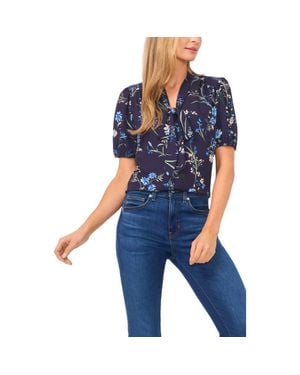 Cece Floral Tie Neck Georgette Top - Blue