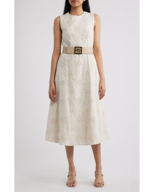 Anne Klein Embroidered Belted Sleeveless Midi Dress - Natural
