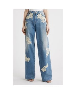 LoveShackFancy Bambie Lace Wide Leg Jeans - Blue
