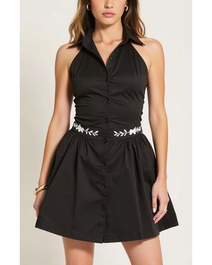 Modenaire Embroidered Waist Button-Front Halter Mini Dress With Smocked Open Back - Black