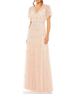Mac Duggal Embroidered Flutter Sleeve A Line V Neck Dress in Pink | Lyst