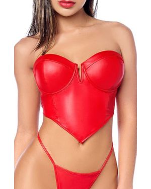 MAPALE Strapless Faux Leather Bustier & Thong Set - Red