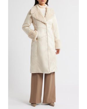 Via Spiga Faux Fur Trim Longline Coat - Natural