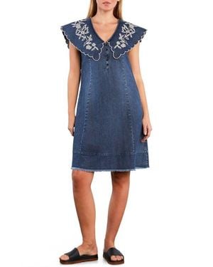 Wash Lab Denim Luna Embroidered Collar Denim Dress - Blue