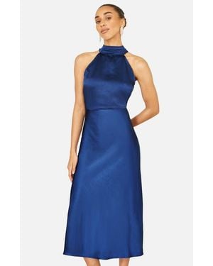 Yumi' Satin Halter Neck Midi Dress - Blue