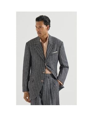 Brunello Cucinelli Linen Chalk Stripe Chevron Tailor Blazer With Metal Buttons - Gray