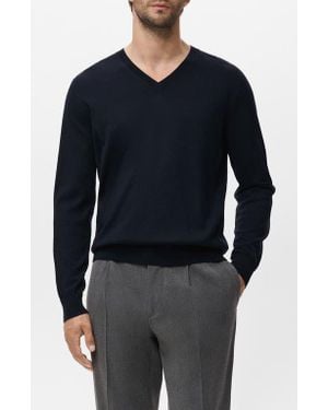 Mango Solid Wool V-Neck Sweater - Blue