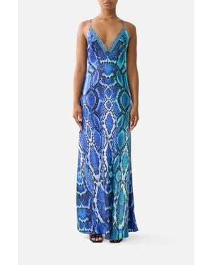 CAMILLA V Neck Full Length Bias Slip Dress - Blue