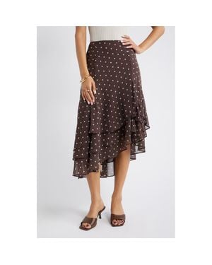 Open Edit Layered Asymmetric Chiffon Midi Skirt - Brown