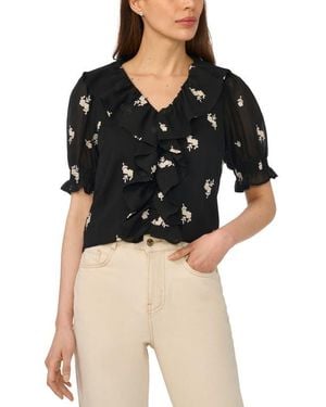 Cece Embroidered Floral Ruffle Top - Black